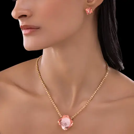 Rhinestone Chain Pendant Necklace Set With Earrings
