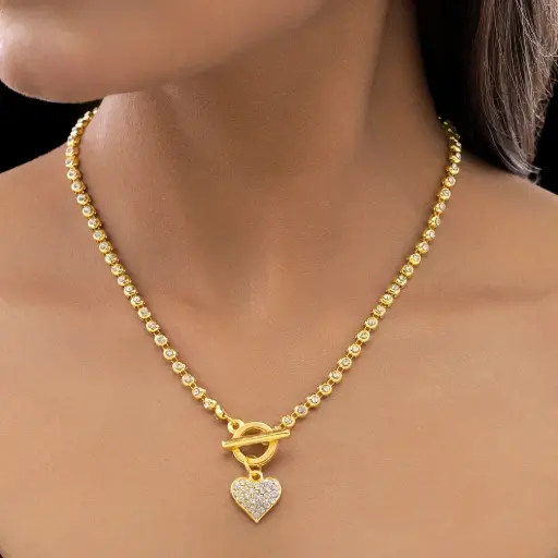 Wear Finery AD-Studded Heart Charm Necklace with T-Lock