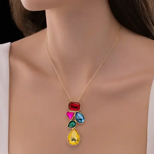 Wear Finery Abstract Multi-Color Shapes Long Pendant Necklace
