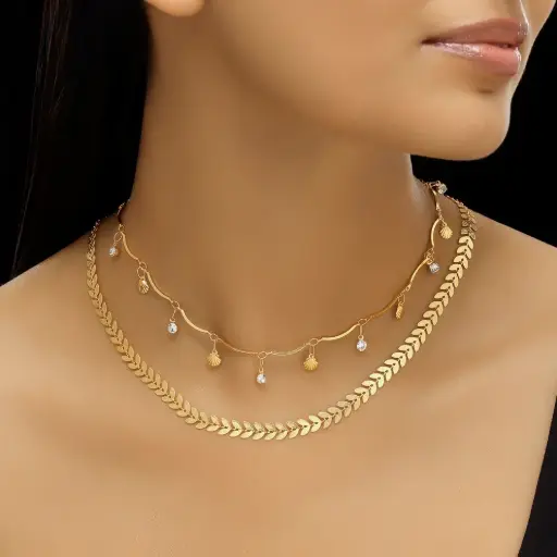 Wear Finery Double Layer Chevron Chain with Shell Charms Necklace