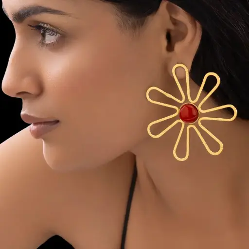 Wear Finery Flower Statement Earrings with Red Cabochon