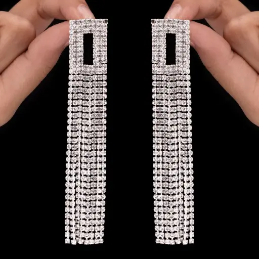 Wear Finery Hollow Square Rhinestone Tops with Tassels